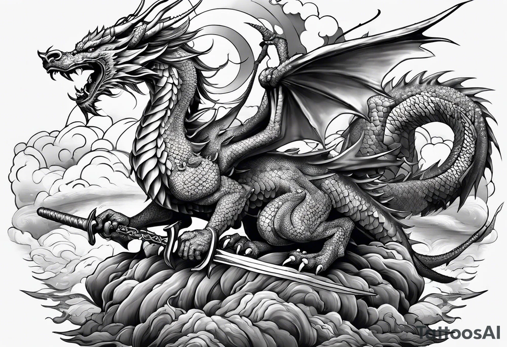 warrior beautiful fairy with a full body holding a sword and a full dragon and the background will be mountains, clouds, and a Japanese building tattoo idea