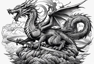 warrior beautiful fairy with a full body holding a sword and a full dragon and the background will be mountains, clouds, and a Japanese building tattoo idea