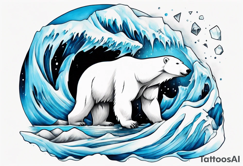 arm tattoo of polar bear and ice berg and relevant nature make colors primary black and white with a little blue tattoo idea