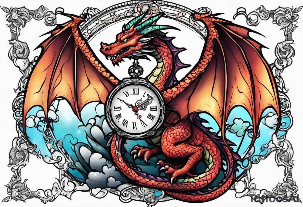 Dragon kawaii , clock, cross tattoo idea