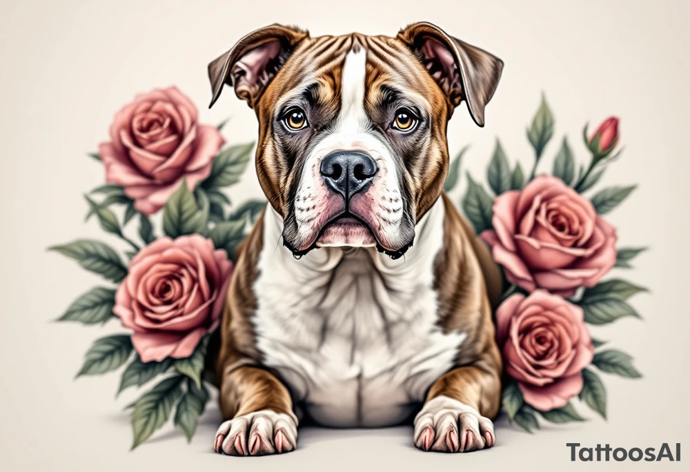 Brown and white pitbull with kind eyes, sitting calmly, surrounded by roses in muted red and soft green leaves, gentle realism. tattoo idea