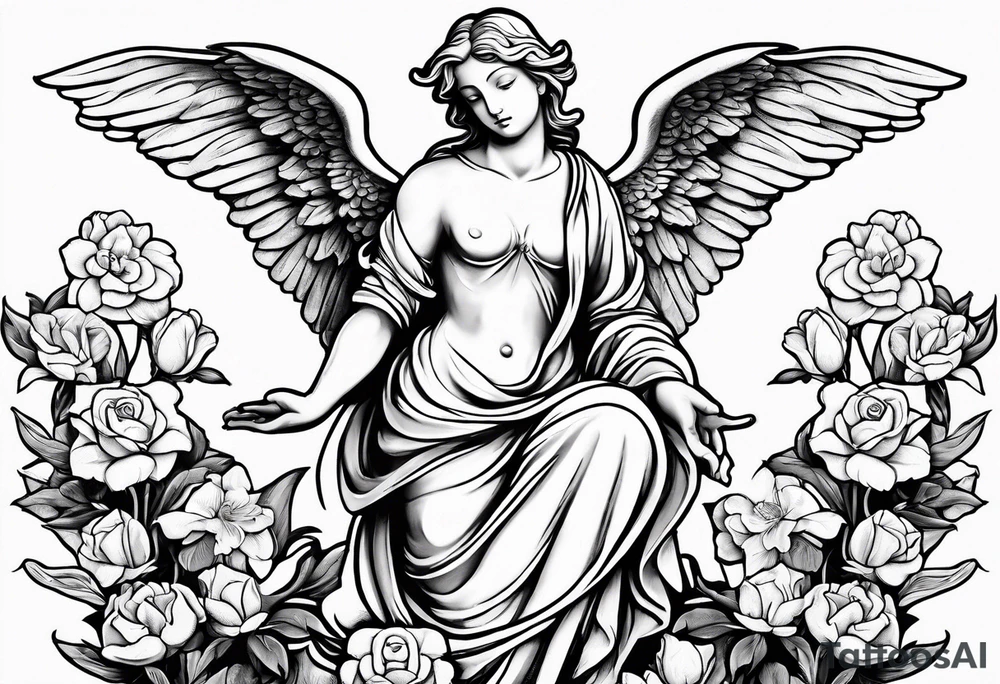 Simple Angel statue stood on a rock with daffodils and roses wrapped around its legs tattoo idea