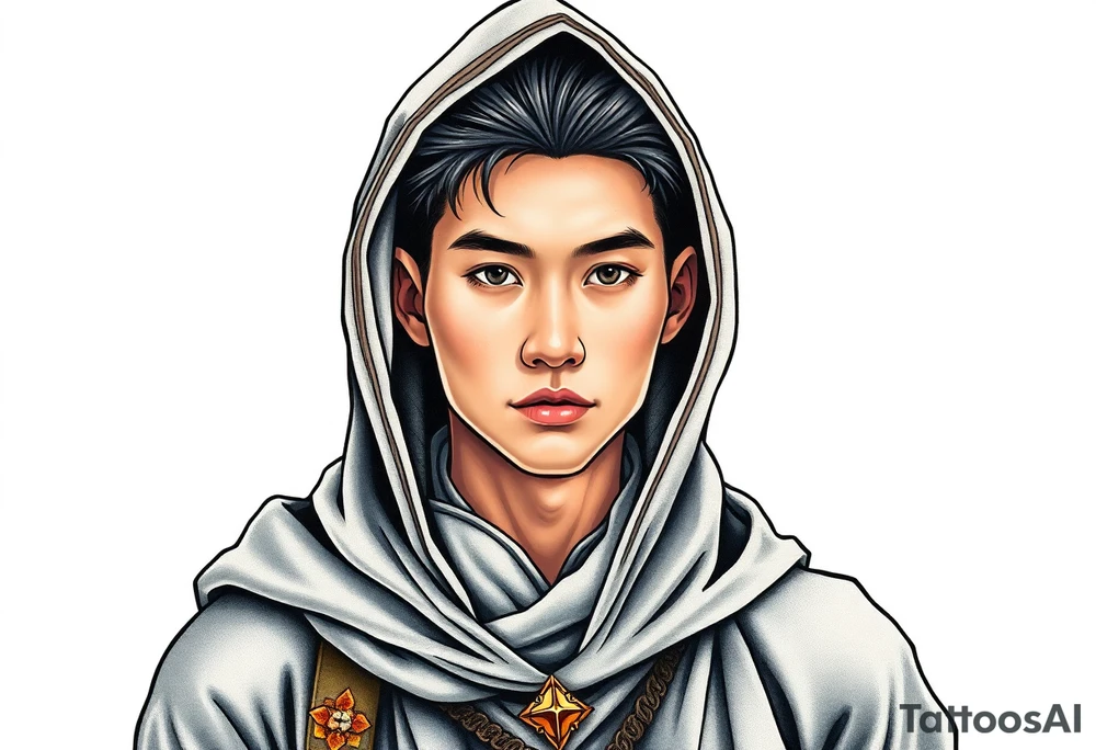 Handsome Asian young guy wearing a medieval robe with hood tattoo idea