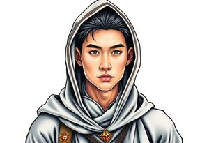 Handsome Asian young guy wearing a medieval robe with hood tattoo idea