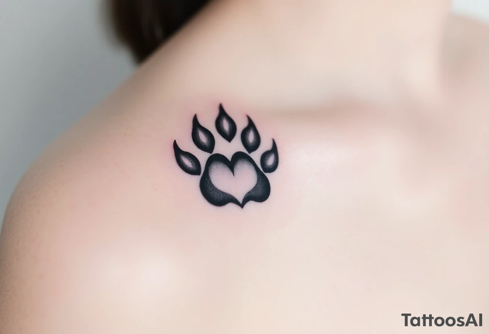 A black-and-gray shaded paw with sharp fur details and intense shading for a bold, mystical look with heart tattoo idea