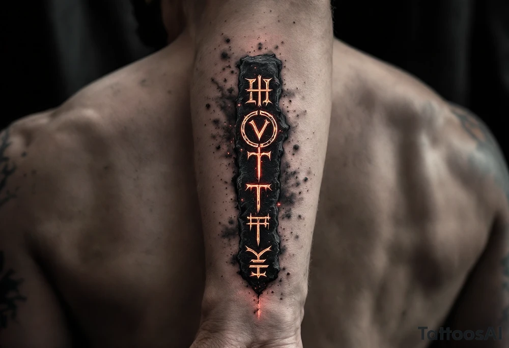 A forearm tattoo featuring a vertical line of deep crimson Slavic runes, each carved with rough stone-like texture and glowing faintly, set against a black and smoky-gray background with subtle ash particles floating around. tattoo idea