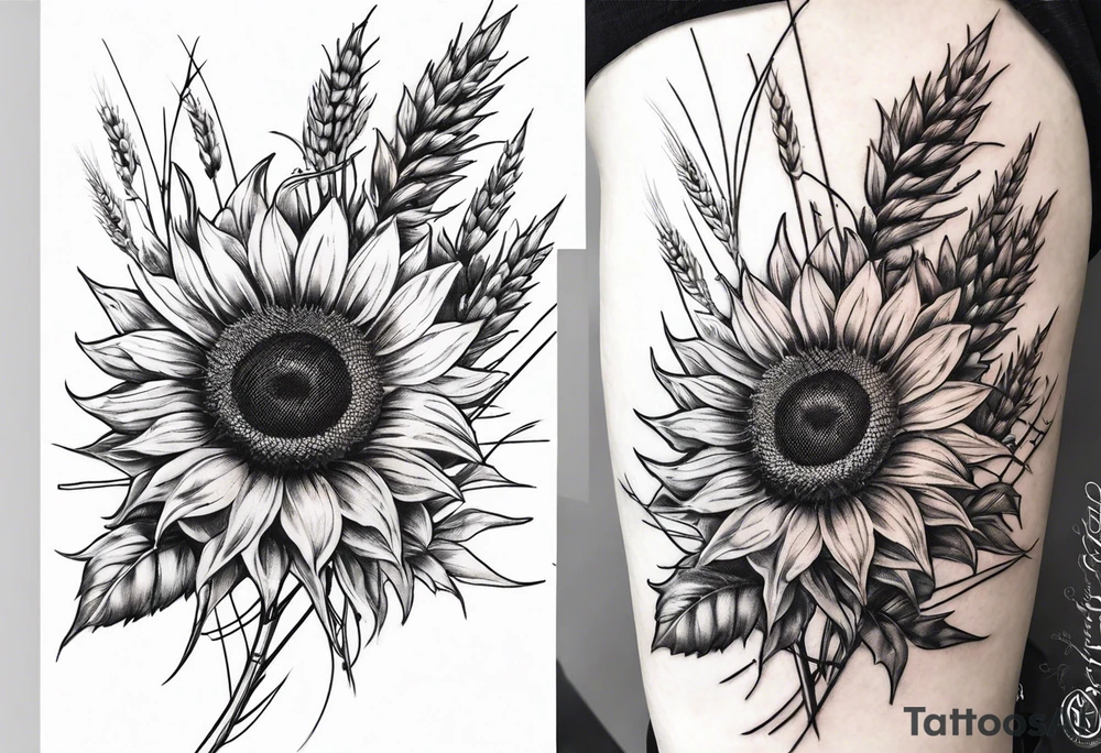 Sunflower, wheat, and barbed wire half sleeve tattoo idea