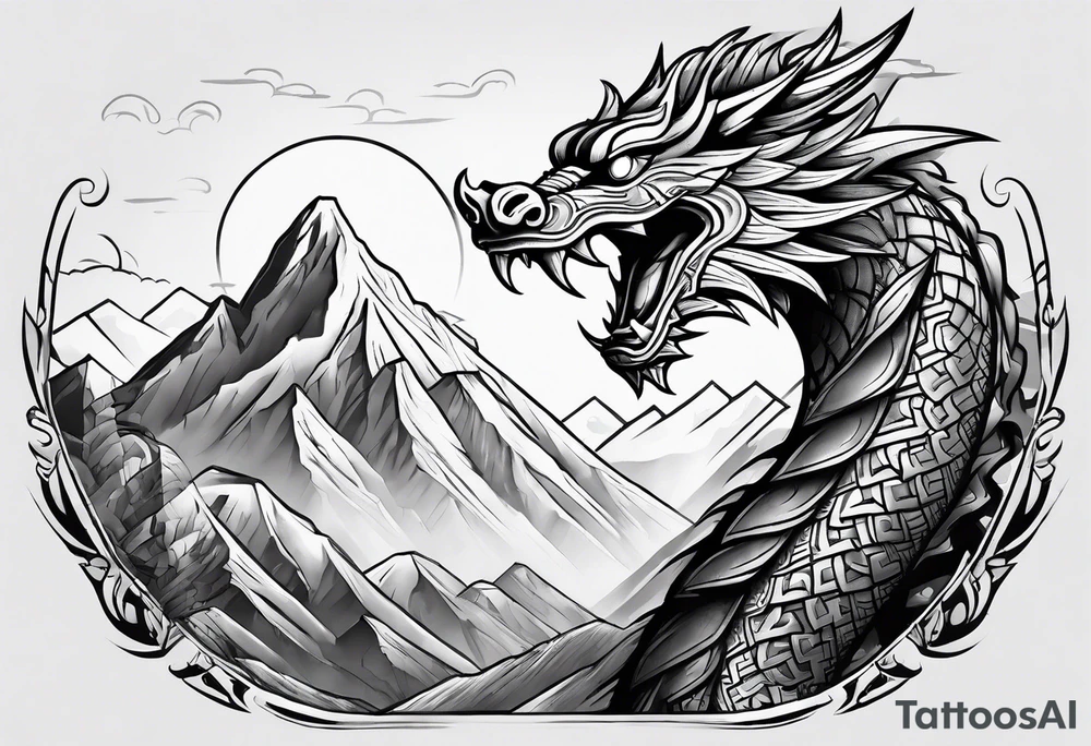 Aztec dragon climbing mountain tattoo idea