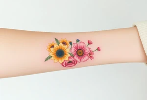 Small watercolour bouquet of wild flowers including Lilly stargazers, sunflowers, poppies and peonies to be placed on forearm tattoo idea