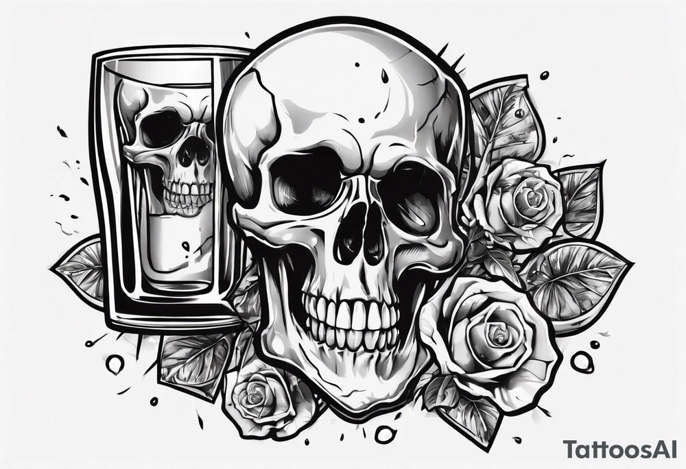 A smiling looking to the left scull inside the glass with alcohol and piece of lime tattoo idea
