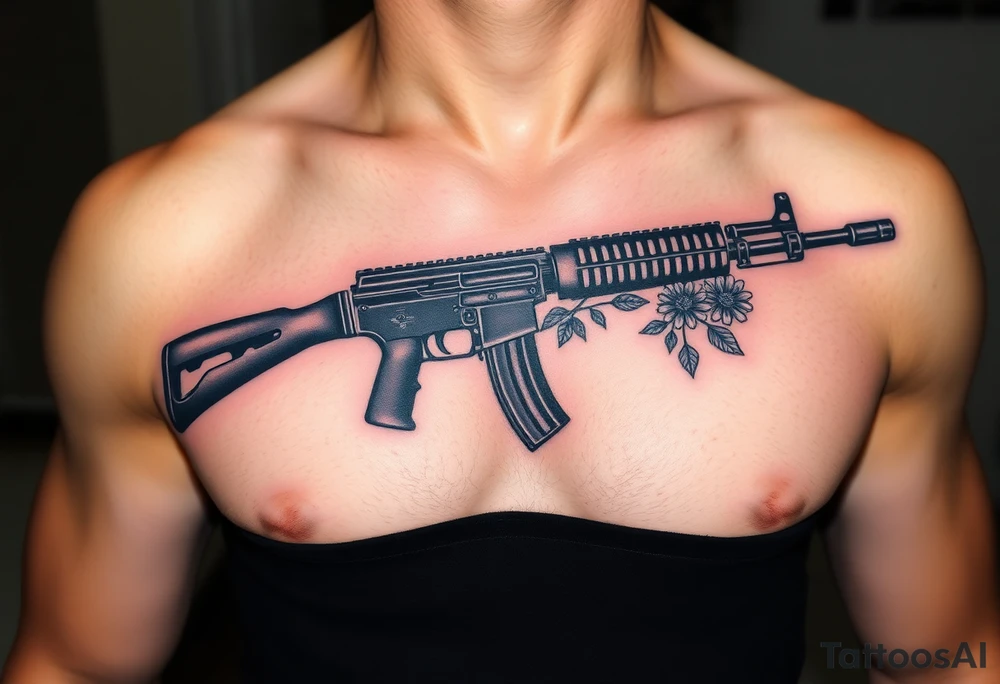 ak 47 black silhouette with floreal details tattoo idea