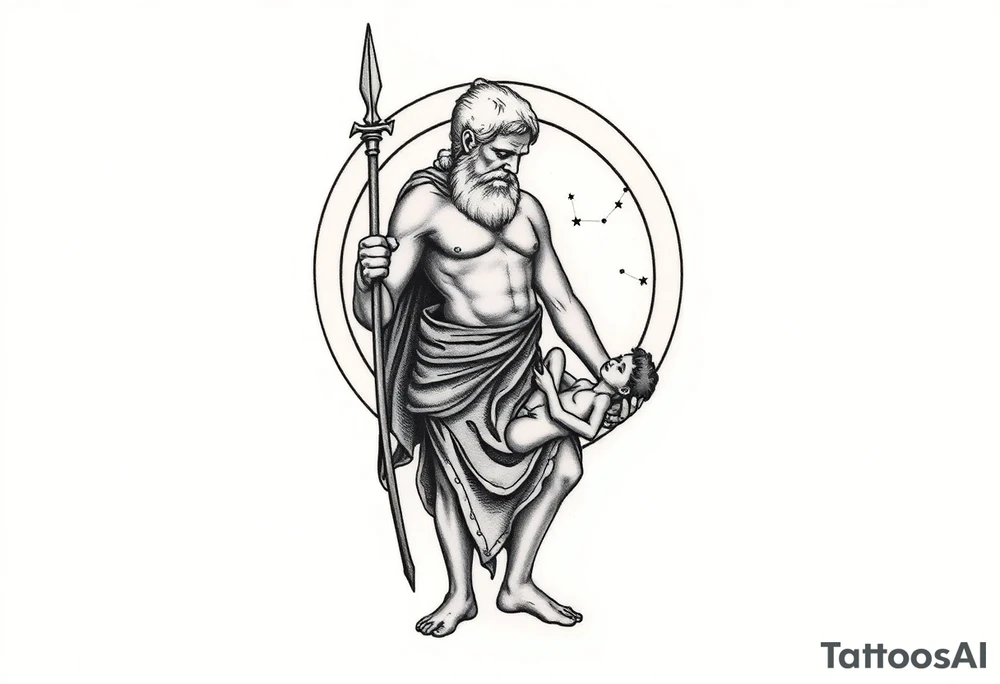 a tattoo design of the Greek God Saturn but older and nearly dying holding his spear looking down using the spear to keep himself upright, in his other arms cradling a twin dying younger version of himself. The gemini constellation is in the background behind the Saturn Gods. Long vertical form as this will be on a thigh - include the planet Saturn rings going round the design tattoo idea