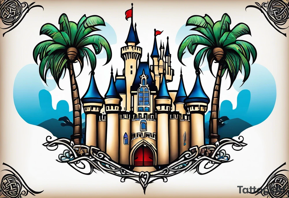 disney world castle with mickey mouse holding a knife in one hand and a stick in the other hand with palm trees and the celtic symbol for family tattoo idea