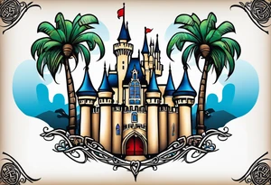 disney world castle with mickey mouse holding a knife in one hand and a stick in the other hand with palm trees and the celtic symbol for family tattoo idea
