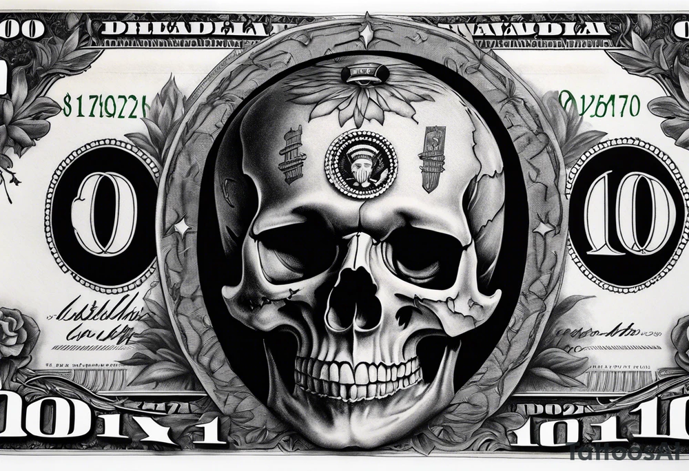 A 100 dollar bill with a skull faced president underneath a burning clock tattoo idea