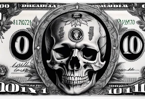 A 100 dollar bill with a skull faced president underneath a burning clock tattoo idea