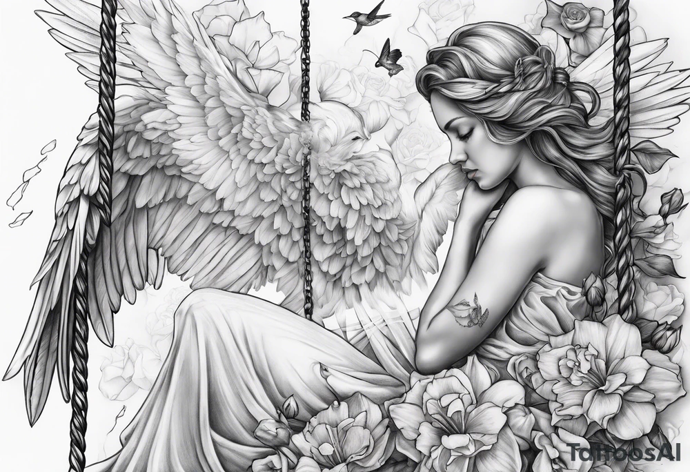crying broken angel on swing add rose, lily daffodil, daisy, carnation narcissus around add hummingbird tattoo idea