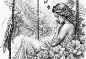 crying broken angel on swing add rose, lily daffodil, daisy, carnation narcissus around add hummingbird tattoo idea