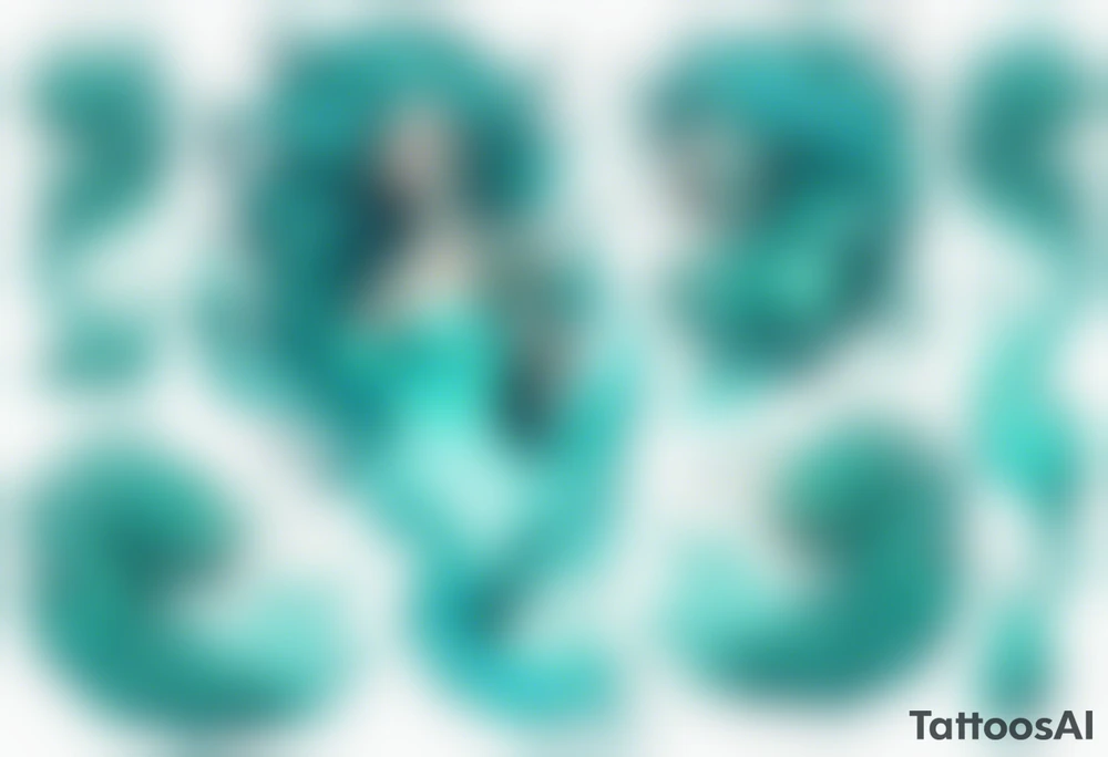 a beautiful female sea demon with turquoise hair standing in the sea surrounded by crashing waves tattoo idea
