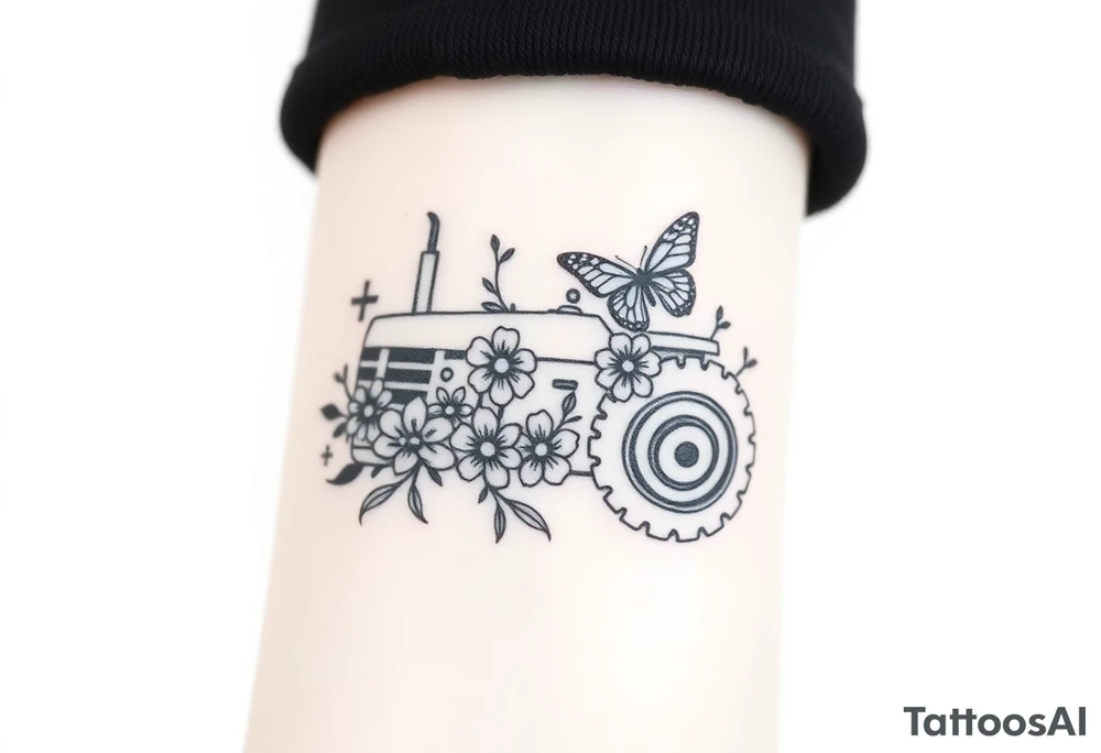 A small feminine tractor with flowers and butterfly tattoo idea