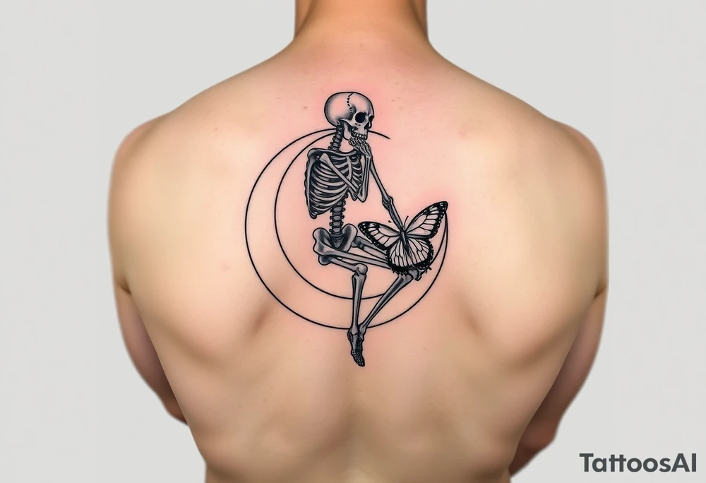 Skeleton sitting on crescent moon holding butterfly tattoo idea