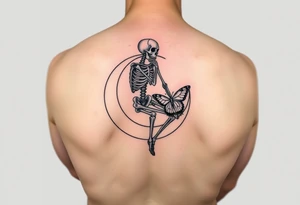 Skeleton sitting on crescent moon holding butterfly tattoo idea