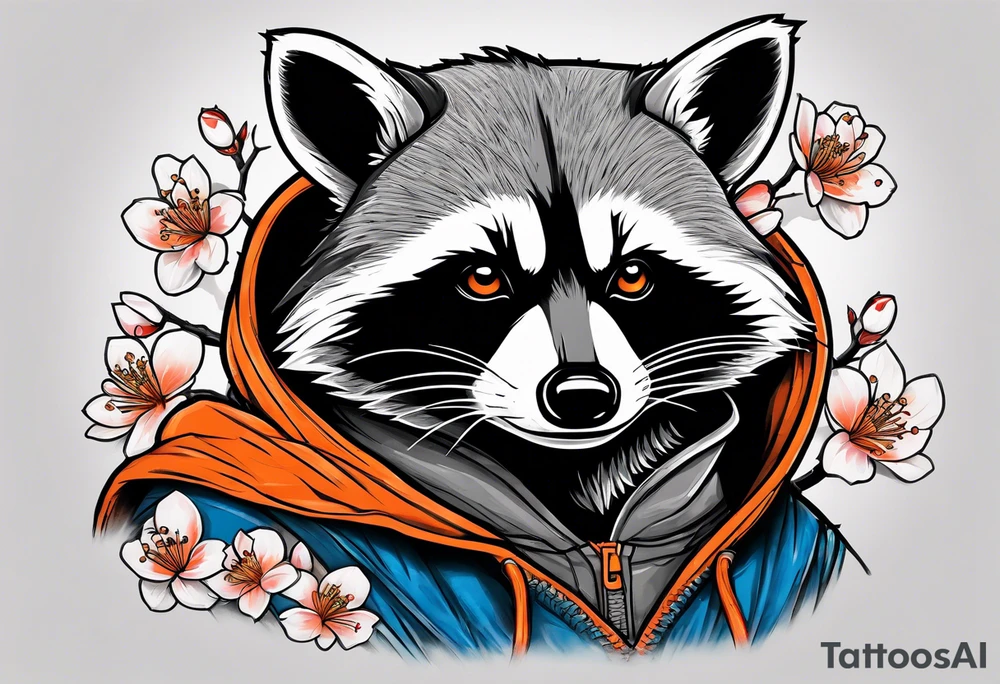raccoon wearing a black and white Superman hoodie and orange Japanese cherry blossoms tattoo idea
