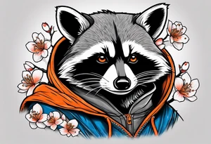 raccoon wearing a black and white Superman hoodie and orange Japanese cherry blossoms tattoo idea