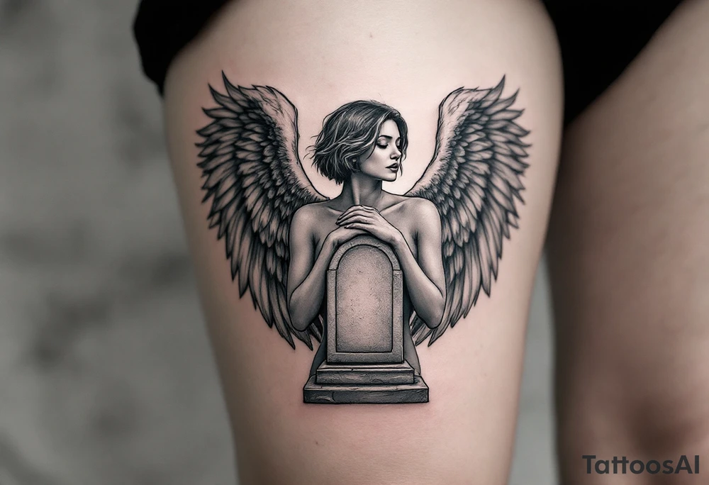 Angel with short hair holding headstone infront of her with large wings tattoo idea