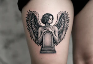 Angel with short hair holding headstone infront of her with large wings tattoo idea