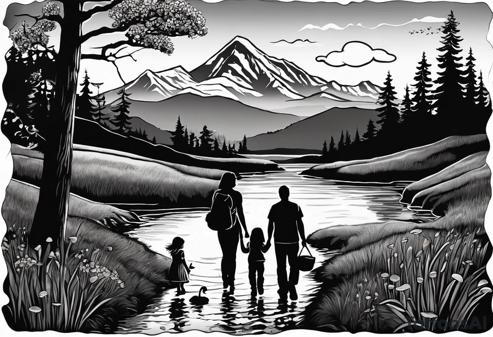 Family silhouette with a father, a mother, older son, older daughter, and small daughter foraging mushrooms with mountains and creek in background tattoo idea