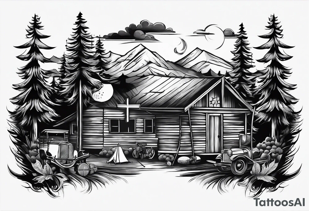 cross, campfire, golf , whiskey glass, cabin tattoo idea