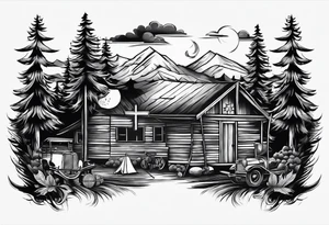 cross, campfire, golf , whiskey glass, cabin tattoo idea