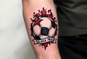 A bold black and red soccer ball wrapped in the iconic Slavia PRAHA star and banner. tattoo idea