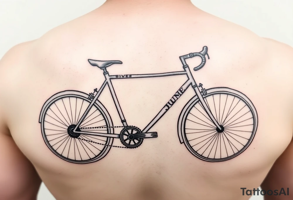 A stylized long wheelbase recumbent with integrated frame lettering spelling out JWM 4” long. tattoo idea
