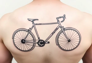 A stylized long wheelbase recumbent with integrated frame lettering spelling out JWM 4” long. tattoo idea