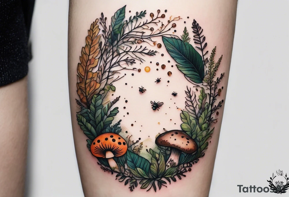 minimalistic forest floor inspired tattoo, which includes grass, moss, curly ferns and dead leaves as the bulk of the tattoo. details to include: forest berries, couple of very small brown mushrooms, a tiny bumblebee flying nearby tattoo idea