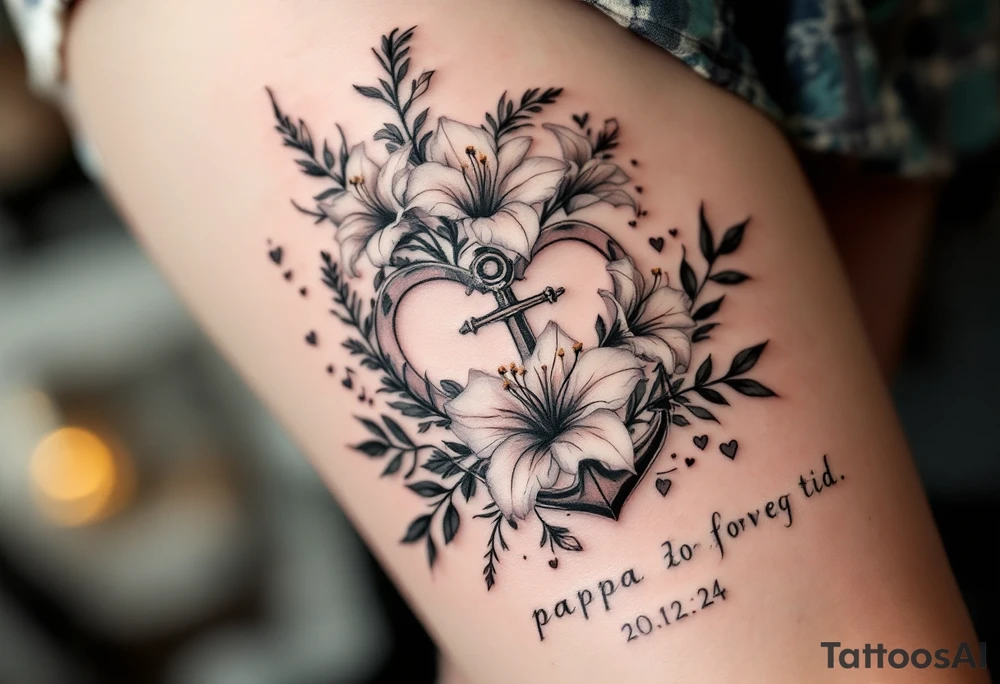 «En del av deg for evig tid
Pappa 20.12.24» Surrounded by long gladiolus, hearts, notes and an anchor tattoo idea