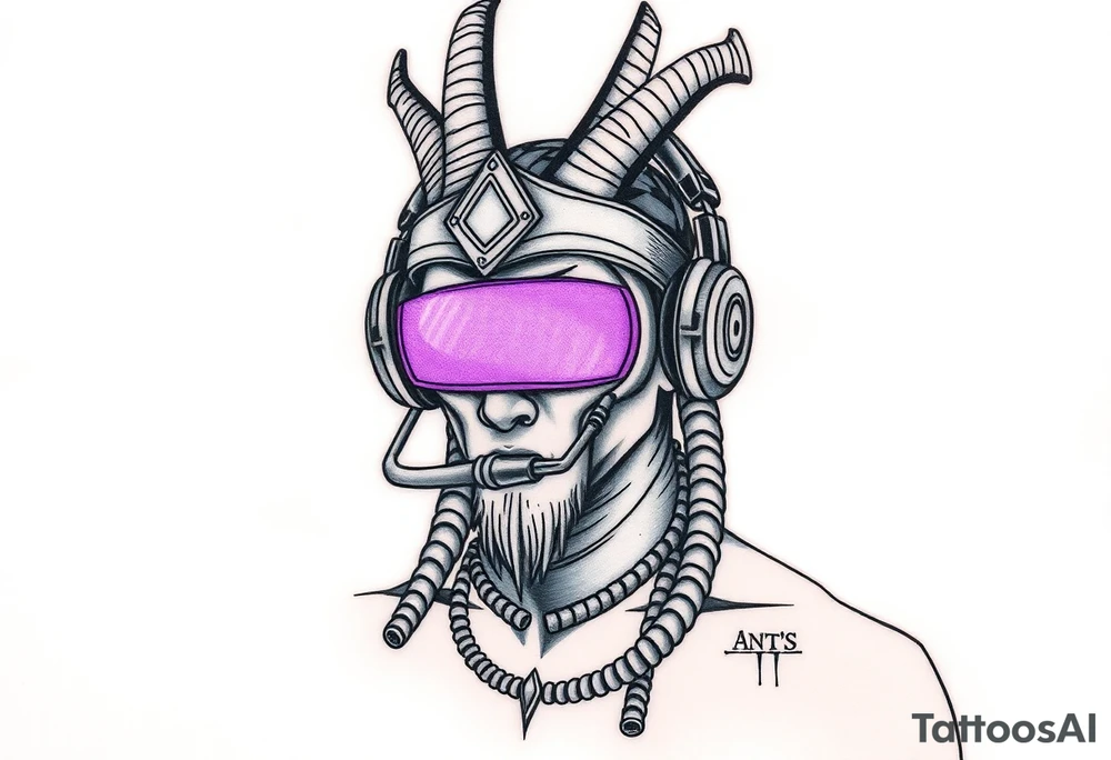 "Anubis with streamer headset, broadcasting to:  
- Left eye: Twitch chat ('F in chat for humanity')  
- Right eye: Дзен-просветление (ASCII-арт мандалы)  
Title: *'Unboxing your afterlife (4K 60fps)'*.  

Style: Digital trash art. Purple/black. Thigh." tattoo idea