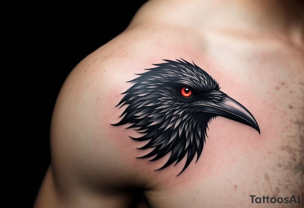 Crow with One Red Eye – A simple black crow with one piercing red eye, symbolizing insight or vengeance. Graphic, high-contrast style with sharp edges. tattoo idea