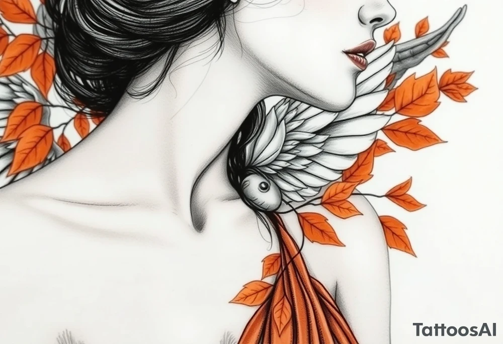 Alfons Mucha’s angelic woman leaning into autumn winds, dressed in burnt sienna fabrics and surrounded by ochre leaves. tattoo idea