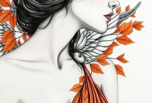 Alfons Mucha’s angelic woman leaning into autumn winds, dressed in burnt sienna fabrics and surrounded by ochre leaves. tattoo idea
