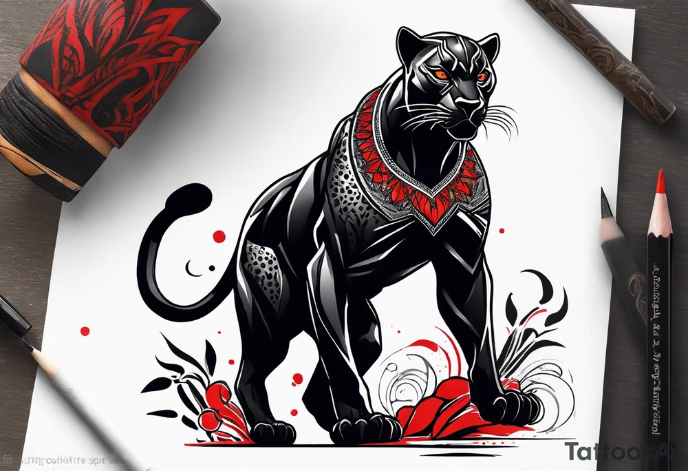 unique black panther tattoo, dynamic pose, showcasing its strength and grace, striking red eyes, intense and captivating elements, artistic flair, blending realism with abstract elements tattoo idea