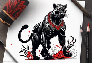 unique black panther tattoo, dynamic pose, showcasing its strength and grace, striking red eyes, intense and captivating elements, artistic flair, blending realism with abstract elements tattoo idea