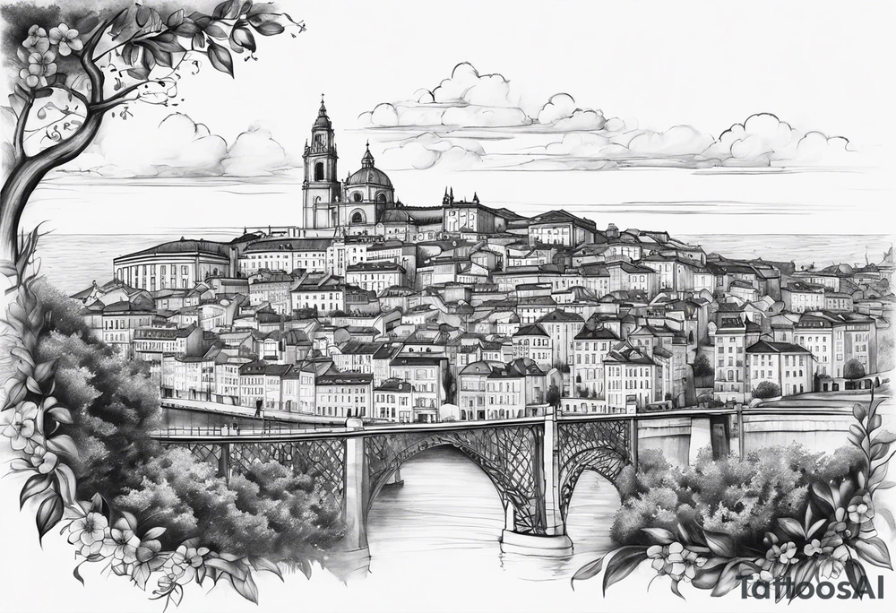 Create a tattoo design that symbolizes the connection between a family spread across Lisbon and Deggendorf. Incorporate the names, elements representing both countries, linked by a path or journey motif. The design should evoke feelings of unity, distance, and the bond of family. tattoo idea