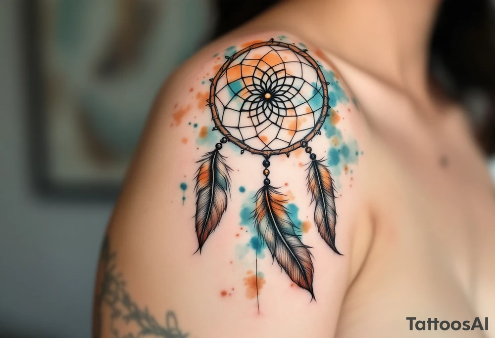Dreamcatcher fragment with three feathers – detailed in warm browns and ochres, with a soft turquoise watercolor background. tattoo idea