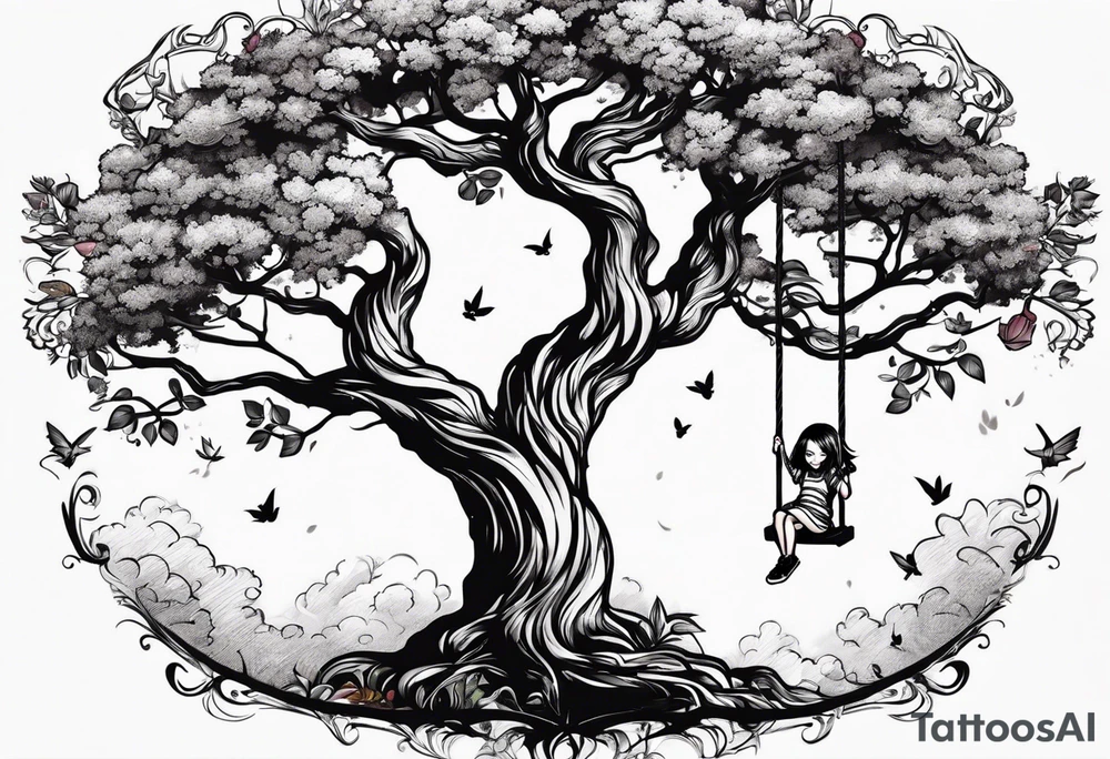 little girl swinging under a tree of life tattoo idea