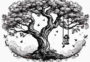little girl swinging under a tree of life tattoo idea