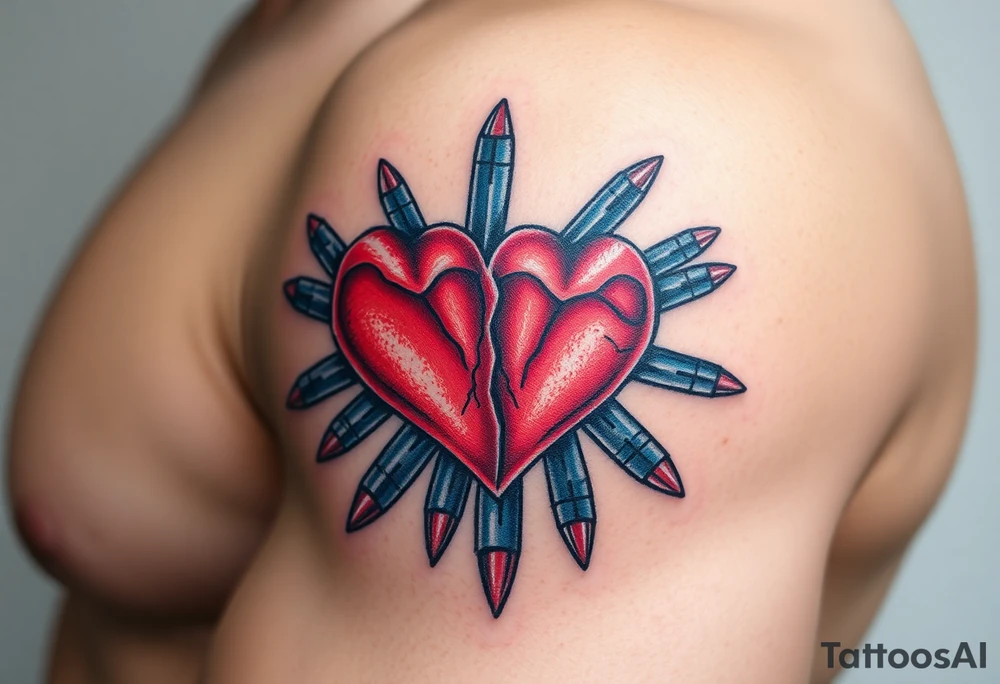 Red Broken hearts surrounded by blue bullets tattoo idea