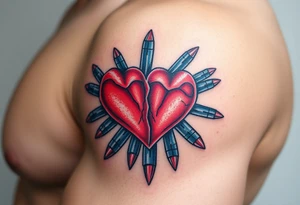 Red Broken hearts surrounded by blue bullets tattoo idea